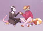 ailurid american_opossum arcberg black_body black_fur clothing duo femboy fleurfurr food fur hi_res hoodie horn legwear male male/male mammal marsupial orange_body orange_fur red_panda sitting thigh_highs topwear torkle virginia_opossum