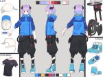  1girl absurdres androgynous artist_request baseball_cap belt black_belt black_leggings black_shorts blue_footwear blue_hair blue_jacket blue_shirt closed_mouth color_guide colored_tips demon_horns demon_tail english_text grey_background hair_ornament hat highres hood hood_down hooded_jacket horns indie_virtual_youtuber jacket leggings leggings_under_shorts mimic_(vtuber) multicolored_hair multiple_views parka pointy_ears puffy_shorts purple_hair reference_sheet romaji_text shirt shoes short_hair short_sleeves shorts sleeves_pushed_up smile tail tail_through_clothes turnaround unworn_hat unworn_headwear virtual_youtuber x_hair_ornament 