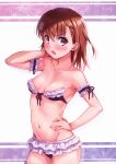  1girl absurdres arm_behind_head arm_up bare_shoulders bikini blush breasts brown_eyes brown_hair collarbone frills front-tie_bikini_top front-tie_top hair_ornament hand_on_own_hip hand_up highres isshi_pyuma layered_bikini looking_at_viewer medium_hair misaka_mikoto navel non-web_source open_mouth small_breasts solo stomach strapless swimsuit toaru_kagaku_no_railgun toaru_majutsu_no_index 
