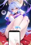  1girl :o bare_shoulders blue_eyes blue_hair blush breasts bubble cellphone cleavage fantongjun hair_between_eyes halo head_wings highres holding holding_phone honkai:_star_rail honkai_(series) large_breasts looking_at_viewer nail_polish open_mouth pantyhose phone pov purple_nails robin_(honkai:_star_rail) sitting smartphone solo_focus thighband_pantyhose thighs white_pantyhose wings 