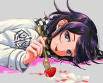  1boy bangs blush checkered checkered_neckwear checkered_scarf danganronpa food food_on_face fork fruit grey_background hair_between_eyes holding holding_fork long_sleeves lying male_focus new_danganronpa_v3 on_stomach ouma_kokichi purple_eyes purple_hair renshu_usodayo scarf simple_background solo straitjacket strawberry tongue tongue_out upper_body whipped_cream 