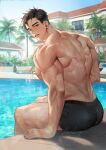  1boy bara black_hair black_male_swimwear day highres large_pectorals looking_at_viewer male_focus male_swimwear muscular muscular_male original outdoors parted_lips pectorals pool short_hair sitting sky solo ssong-ga twitter_username wet 