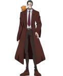  1boy belt brown_belt brown_footwear brown_jacket character_request collared_shirt facial_mark full_body grey_hair highres jacket lapels long_sleeves mashle necktie official_art red_necktie shirt short_hair solo suit tachi-e transparent_background white_shirt 