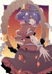  1girl autumn_leaves blue_hair dress hair_ornament headband leaf leaf_hair_ornament looking_at_viewer maple_leaf red_dress red_eyes rope shimenawa short_sleeves solo touhou yasaka_kanako yoruuta 