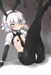  1girl animal_ears ass bangs black_gloves black_legwear blush breasts bunny_ears covered_nipples daniel_sung elbow_gloves facial_scar fake_animal_ears fate/apocrypha fate_(series) gloves green_eyes highres jack_the_ripper_(fate/apocrypha) legs legs_up looking_at_viewer meme_attire necktie pasties playboy_bunny puffy_short_sleeves puffy_sleeves pussy reverse_bunnysuit reverse_outfit scar scar_across_eye scar_on_cheek short_hair short_sleeves shrug_(clothing) small_breasts white_hair 