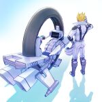  1boy blonde_hair bodysuit commentary from_behind full_body helmet holding holding_helmet izapara jack_atlas male_focus motor_vehicle motorcycle shadow short_hair solo spiked_hair twitter_username white_bodysuit white_helmet yu-gi-oh! yu-gi-oh!_5d&#039;s 