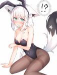  !? 1girl absurdres ahoge akaboshi_natsume animal_ear_fluff animal_ears bare_arms black_leotard black_pantyhose blush braid breast_lift breasts cleavage commentary_request earrings ears_down embarrassed fake_animal_ears fox_ears fox_girl fox_tail green_eyes hair_between_eyes highres hololive jewelry leotard long_hair looking_at_viewer medium_breasts open_mouth pantyhose pentagram playboy_bunny rabbit_ears shirakami_fubuki sidelocks simple_background single_braid sitting solo tail virtual_youtuber wariza wavy_mouth white_background white_hair 