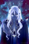  1boy aaravos_(the_dragon_prince) artist_name black_horns black_sclera colored_sclera colored_skin daisy-flauriossa diamond_facial_mark elf grey_skin hair_between_eyes horns long_hair looking_at_viewer male_focus night night_sky outdoors pointy_ears sky solo the_dragon_prince upper_body watermark white_hair yellow_eyes 