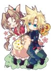  1boy 1girl aerith_gainsborough aqua_eyes arestear0701 armor artist_name baggy_pants bangle belt black_footwear black_gloves blonde_hair blue_pants blue_shirt blush boots bouquet bracelet braid braided_ponytail brown_belt brown_hair choker closed_eyes closed_mouth cloud_strife cropped_jacket dress final_fantasy final_fantasy_vii final_fantasy_vii_rebirth final_fantasy_vii_remake flower flower_choker full_body gloves grass hair_between_eyes hair_bobbles hair_ornament hair_ribbon highres holding holding_bouquet jacket jewelry long_dress long_hair materia multiple_belts open_mouth pants parted_bangs pink_dress pink_flower pink_ribbon pink_rose puffy_short_sleeves puffy_sleeves red_jacket ribbon rose shirt short_hair short_sleeves shoulder_armor sidelocks single_braid single_shoulder_pad sleeveless sleeveless_turtleneck smile spiked_hair sunflower suspenders turtleneck waving wavy_hair white_background yellow_flower 