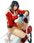 1girl absurdres ayuhara_natsu backlighting bag bandaged_fingers bandages black_hair bottle breasts brown_eyes cleavage commentary duffel_bag english_commentary gym_shorts highres jacket justice_gakuen kim_sung_hwan knee_pads large_breasts leg_up lips long_legs looking_at_viewer low_ponytail nose parted_lips pinky_out red_jacket red_shorts shiritsu_justice_gakuen shoes shorts sitting sleeves_pushed_up sneakers solo thighs towel water_bottle white_background white_footwear wristband zipper_pull_tab 