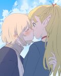  2girls blonde_hair blue_dress blue_robe blue_sky blush choker cloud commentary day dress dungeon_meshi english_commentary falin_touden falin_touden_(tallman) from_side hand_in_another&#039;s_hair kiss light_brown_hair lisedraw long_hair marcille_donato multiple_girls outdoors profile red_choker robe short_hair sky upper_body yuri 