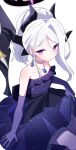  1girl bare_shoulders bat_wings black_horns blue_archive blush breasts collarbone demon_horns dress earrings elbow_gloves gloves halo highres hina_(blue_archive) hina_(dress)_(blue_archive) horns jewelry long_hair multiple_horns necklace official_alternate_costume official_alternate_hairstyle parted_bangs purple_dress purple_eyes purple_gloves sasanoha_(sasanoha0712) small_breasts solo strapless strapless_dress white_background white_hair wings 