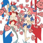  2girls :o apron blue_dress blue_hair blue_ribbon boots clenched_hands collared_dress commentary_request dress emoji fleeing full_body hair_ribbon hand_up highres long_hair looking_back milestone_celebration multiple_girls omega_rei omega_rio omega_sisters omega_symbol open_mouth pink_hair poop_emoji puffy_short_sleeves puffy_sleeves red_dress red_ribbon ribbon running short_dress short_hair short_sleeves siblings sisters small_sweatdrop tamo_(gaikogaigaiko) thigh_boots too_many translation_request twintails v-shaped_eyebrows virtual_youtuber white_apron white_background white_footwear 