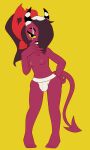 3:5 anthro breasts bulge clothed clothing demon gynomorph helluva_boss hi_res humanoid imp intersex jockstrap kamikiller red_body red_skin sallie_may_(helluva_boss) solo topless trans_(lore) trans_woman_(lore) underwear 