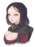  1girl black_cape black_hair breasts cape cleavage cropped_torso hood hood_down hooded_cape large_breasts looking_at_viewer orange_eyes parted_lips serana simple_background solo the_elder_scrolls the_elder_scrolls_v:_skyrim tomamatto upper_body white_background 