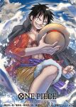  1boy abs black_cape black_hair cape clenched_hand cloud collared_cape commentary_request copyright_name denim2 hat holding holding_clothes holding_hat looking_at_viewer male_focus monkey_d._luffy official_art one_piece one_piece_card_game open_clothes open_shirt orange_shorts purple_sash sash scar scar_on_chest short_hair shorts sky smile smoke solo straw_hat 