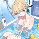  1girl bathing bathtub blonde_hair blue_archive blue_eyes blue_halo blunt_bangs braid breasts bun_cover cleavage commentary_request crown_braid hair_ribbon halo highres looking_at_viewer nude partially_submerged ribbon rubber_duck shampoo_bottle solo tile_wall tiles toki_(blue_archive) water wet xiaoxiao_de_kuangsan 