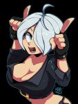  angel_(kof) chibi cropped_jacket fingerless_gloves gloves hair_over_one_eye highres horns_pose index_fingers_raised jacket leather leather_jacket snk the_king_of_fighters white_hair 