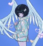  1girl absurdres black_hair blue_background blue_eyes blunt_bangs bob_cut freckles hand_in_pocket hand_up heart highres iridescent jacket long_sleeves miniskirt original pink_skirt pleated_skirt short_hair simple_background skirt smile solo wing_hair_ornament wings yosh1to 