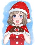  1girl absurdres blue_eyes blush brown_hair christmas hat heart heart_hands highres looking_at_viewer love_live! love_live!_sunshine!! ratsukare santa_costume santa_hat short_hair simple_background smile snow solo watanabe_you wavy_hair 