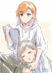  2girls =_= bad_id bad_twitter_id blush book bullfalk closed_mouth green_pants grey_hair headphones headphones_around_neck holding holding_book hood hoodie lap_pillow light_frown long_hair love_live! love_live!_superstar!! multiple_girls open_mouth orange_background orange_hair pants parted_bangs partially_colored purple_eyes shibuya_kanon short_hair tang_keke two-tone_background white_background white_headphones white_hoodie 