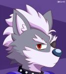  absurd_res anthro canid canine canis cheek_tuft clothing collar eye_patch eyebrows eyewear facial_tuft hair head_tuft hi_res inner_ear_fluff male mammal nintendo purple_background red_eyes simple_background solo star_fox trc001 tuft video_games white_inner_ear wolf wolf_o&#039;donnell 