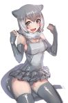  1girl :d animal_ears arms_up blush bow_(bhp) breasts brown_eyes clenched_hands commentary elbow_gloves eyebrows_visible_through_hair fingerless_gloves frilled_swimsuit frills fur_collar gloves gradient_hair kemono_friends large_breasts looking_at_viewer multicolored_hair open_mouth otter_ears otter_tail short_hair simple_background small-clawed_otter_(kemono_friends) smile solo swimsuit tail thighhighs white_background 