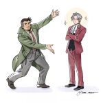  2boys ace_attorney ascot bandage_on_face bandages black_hair black_vest closed_eyes closed_mouth coat collared_shirt crossed_arms dick_gumshoe facial_hair full_body goatee green_coat grey_hair grey_pants highres jacket meme miles_edgeworth multiple_boys necktie pants pencil_behind_ear red_jacket red_necktie red_pants shirt short_hair sparkle steel_peach vest white_ascot white_shirt will_smith:_tada_(meme) 