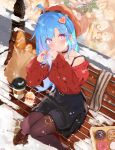  &gt;_&lt; ahoge azur_lane bag baguette bakery beige_scarf belt bench beret black_belt black_bra black_choker black_scarf black_skirt blue_hair box bra braid bread brown_footwear brown_legwear building cat_symbol chocolate_doughnut choker closed_mouth coffee coffee_mug cold commentary cup doughnut english_commentary eyebrows eyebrows_visible_through_hair food hair_ornament hairpin hat head_tilt heart heart_hair_ornament heart_hands helena_(azur_lane) highres lamppost legs_together long_hair long_sleeves looking_at_viewer manjuu_(azur_lane) mug multicolored_hair off_shoulder on_bench pantyhose pink_eyes pink_hair red_headwear red_sweater scarf shoes shop sidelocks sitting skirt snow snowing strap striped striped_scarf sweater symbol thigh_strap underwear vayneeeee window 