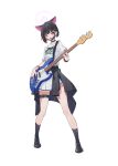  1girl animal_ears black_choker black_footwear black_jacket black_mask black_socks blonde_hair blue_archive blush cat_ears choker clothes_around_waist colored_inner_hair electric_guitar extra_ears guitar halo highres holding holding_instrument instrument jacket jacket_around_waist kazusa_(band)_(blue_archive) kazusa_(blue_archive) mask mask_pull mouth_mask multicolored_hair music official_alternate_costume open_mouth pink_hair pink_halo playing_instrument pleated_skirt ranyu red_eyes shirt shoes short_hair short_sleeves simple_background skirt smile socks solo thigh_strap white_background white_shirt white_skirt 