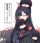  6+girls armband beret black_gloves black_hair black_hat black_sailor_collar black_serafuku black_shirt black_skirt blue_archive blush blush_stickers chibi closed_eyes closed_mouth commentary_request gloves hair_ornament hair_over_eyes hairclip halo hat hug ichika_(blue_archive) justice_task_force_member_(blue_archive) long_hair lowres multiple_girls neckerchief nyaru_(nyaru_4126) on_head parted_bangs pleated_skirt red_neckerchief safety_pin sailor_collar school_uniform serafuku shirt simple_background skirt small_sweatdrop sweat translation_request very_long_hair white_background 