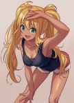  1girl :d ahoge arm_up armpits bangs black_tank_top blonde_hair breasts cleavage collarbone commentary cowboy_shot dumbbell_nan_kilo_moteru? eyebrows_visible_through_hair fang green_eyes gyaru hair_between_eyes happy highres large_breasts leaning_forward long_hair looking_at_viewer open_mouth red_shorts sakura_hibiki sayshownen shorts simple_background smile solo standing tan tank_top twintails twitter_username very_long_hair watermark 