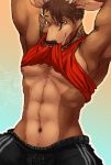  abs anthro bottomwear brown_body brown_fur brown_hair cervid cervine clothed clothing facial_piercing fur grin hair hands_behind_head hi_res kestrel_(kessythedeer) male mammal muscular muscular_anthro muscular_male nose_piercing nose_ring piercing rakkigaru seductive shirt shirt_in_mouth shorts smile solo tank_top tattoo topwear 