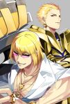  2boys armor blonde_hair cigarette collarbone fate/grand_order fate_(series) gilgamesh_(fate) gold_armor gold_bracelet gold_necklace gold_ring grey_background grin jewelry kaidou_j1 male_focus mouth_hold multiple_boys necklace pectoral_cleavage pectorals red_eyes sakata_kintoki_(fate) shirt short_hair smile sunglasses twitter_username veins veiny_arms white_shirt 