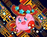  adjusting_clothes adjusting_headwear blue_eyes blush_stickers brown_hat cowboy_hat full_body hat hat_ornament holding holding_whip kirby kirby_(series) motimamire multicolored_background no_humans no_nose open_mouth solo star_(symbol) star_hat_ornament whip_kirby 