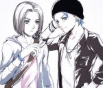  2boys black_headwear black_jacket blue_hair blue_jacket bracelet camus_(dq11) casual chloe_price chloe_price_(cosplay) closed_mouth collarbone commentary_request cosplay dragon_quest dragon_quest_xi earrings expressionless hand_up hat hero_(dq11) highres hood hood_down hooded_jacket jacket jewelry limited_palette long_sleeves looking_at_viewer male_focus max_caulfield max_caulfield_(cosplay) mondi_hl multiple_boys necklace open_clothes open_jacket shirt short_hair simple_background smile upper_body 