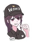  1girl baseball_cap black_baseball_cap black_hat black_shirt blunt_bangs braid character_name collared_shirt commentary english_commentary girls&#039;_frontline hand_up hat head_tilt long_hair maplenecktele name_tag open_mouth parted_bangs ponytail purple_eyes purple_hair shirt sidelocks simple_background single_braid smile solo teeth wa2000_(girls&#039;_frontline) white_background 