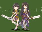 2girls armor armored_boots ayra_(fire_emblem) black_hair boots breastplate fire_emblem fire_emblem:_genealogy_of_the_holy_war gloves holding holding_sword holding_weapon larcei_(fire_emblem) long_hair mother_and_daughter multiple_girls pelvic_curtain purple_eyes short_hair shoulder_armor sidelocks simple_background sword tomboy tunic vianchiel weapon 
