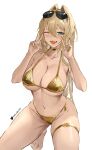  1girl absurdres alternate_costume barefoot bikini blonde_hair blush breasts collarbone commentary cropped_legs double_v elvandec eyewear_on_head fang goddess_of_victory:_nikke gold_bikini green_eyes gyaru hair_intakes highres large_breasts long_hair looking_at_viewer navel one_eye_closed open_mouth rupee_(nikke) shiny_skin simple_background smile solo squatting sunglasses swimsuit thigh_strap toes v white_background 