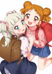  2girls :d aikatsu! aikatsu!_(series) arisugawa_otome backpack bag blonde_hair blue_eyes blue_shorts blue_skirt blush brown_bag brown_eyes brown_hair child d: double_bun drill_hair fang hair_ribbon highres holding_hands interlocked_fingers long_sleeves looking_at_viewer multiple_girls open_mouth orange_legwear petticoat pink_ribbon pink_shirt puffy_short_sleeves puffy_sleeves randoseru red_bag ribbon sekina shirt short_sleeves shorts skirt smile socks toudou_yurika twin_drills white_shirt younger 