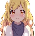  1girl absurdres aikatsu! aikatsu!_(series) blonde_hair blush closed_mouth frown gradient_hair grey_sweater highres looking_at_viewer multicolored_hair nijino_yume pink_hair red_eyes scarf sekina simple_background solo sweater tears upper_body white_background 