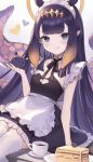  1girl alternate_costume blush breasts cake coffee food hand_up highres hololive hololive_english maid misa1587 mole mole_under_eye multicolored_hair ninomae_ina&#039;nis pointy_ears purple_hair sitting small_breasts solo tentacle_hair tentacles thighhighs thighs virtual_youtuber 