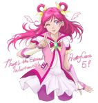  1girl ;d cowboy_shot cure_dream english_text eyebrows_visible_through_hair hair_ribbon highres long_hair looking_at_viewer magical_girl one_eye_closed open_mouth pink_hair precure purple_eyes ribbon simple_background smile solo sozan v white_background yellow_ribbon yes!_precure_5 yes!_precure_5_gogo! yumehara_nozomi 