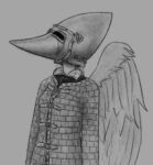  2024 alternate_costume anthro armor black_and_white dinosaur dumetummy69 fang_(gvh) feathered_wings feathers female goodbye_volcano_high headgear helmet monochrome pterodactylus pterosaur reptile scalie sketch snout solo wings 