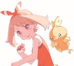  1girl absurdres bare_shoulders bow brown_hair closed_mouth grey_eyes hair_bow highres holding holding_poke_ball may_(pokemon) poke_ball poke_ball_(basic) pokemon pokemon_oras red_bow red_shirt shirt sleeveless sleeveless_shirt smile tbjj1208 torchic upper_body white_background 
