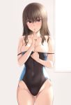  1girl bangs bare_shoulders blush breasts brown_hair cleavage commentary_request competition_swimsuit covered_navel eyebrows_visible_through_hair groin highres hiiragi_hajime long_hair off_shoulder one-piece_swimsuit original purple_eyes smile solo swimsuit 