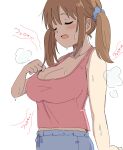  1girl absurdres bare_shoulders blue_scrunchie blush breasts brown_hair cleavage closed_eyes closed_mouth clothes_pull collarbone from_side hair_ornament hair_scrunchie hand_up highres hot idolmaster idolmaster_cinderella_girls idolmaster_cinderella_girls_starlight_stage large_breasts long_hair midriff_peek nono_(totokin) open_mouth pink_shirt scrunchie shirt shirt_pull sleeveless sleeveless_shirt solo steam sweat totoki_airi twintails upper_body 