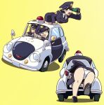  &gt;_&lt; 3girls ass binoculars black_hair black_necktie blue_eyes blue_hair breasts brown_eyes brown_hair car closed_eyes hat highres kuroyoshi large_breasts motor_vehicle multiple_girls necktie open_mouth original panties pantyshot police police_car police_hat police_uniform policewoman short_hair simple_background underwear uniform white_panties yellow_background 