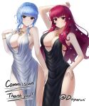  2girls alternate_costume artist_name blue_hair breasts cleavage commission doiparuni facial_mark fire_emblem fire_emblem:_three_houses fire_emblem_engage hair_ornament hand_on_own_hip highres in-franchise_crossover jewelry marianne_von_edmund multiple_girls necklace plunging_neckline red_hair side_slit simple_background smile star_(symbol) star_facial_mark star_hair_ornament thighs yunaka_(fire_emblem) 