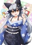  1girl animal_ears blush bow bra_strap breasts cleavage ev_(kemomimizuku) extra_ears fox_ears fox_girl fox_tail furisode grey_hair hanafuda highres japanese_clothes kemono_friends kemono_friends_3 kimono large_breasts long_hair looking_at_viewer multicolored_hair official_alternate_costume silver_fox_(kemono_friends) solo tail wide_sleeves 